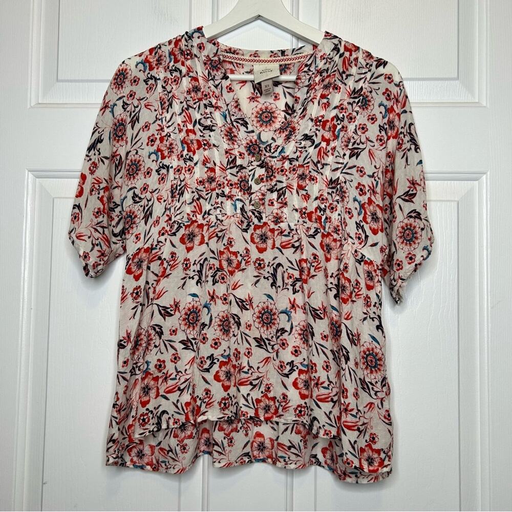 Knox‎ Rose Floral Print V Neck Short Sleeve Blouse Top Red White XS